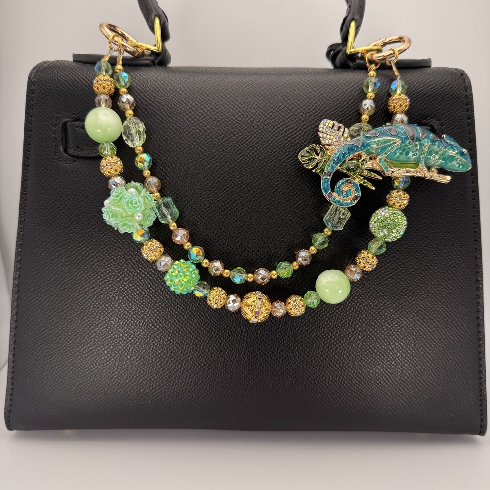 Chameleon Purse Chain Bag Charm Crystal‎ Beaded Green Gold Rhinestone Handbag